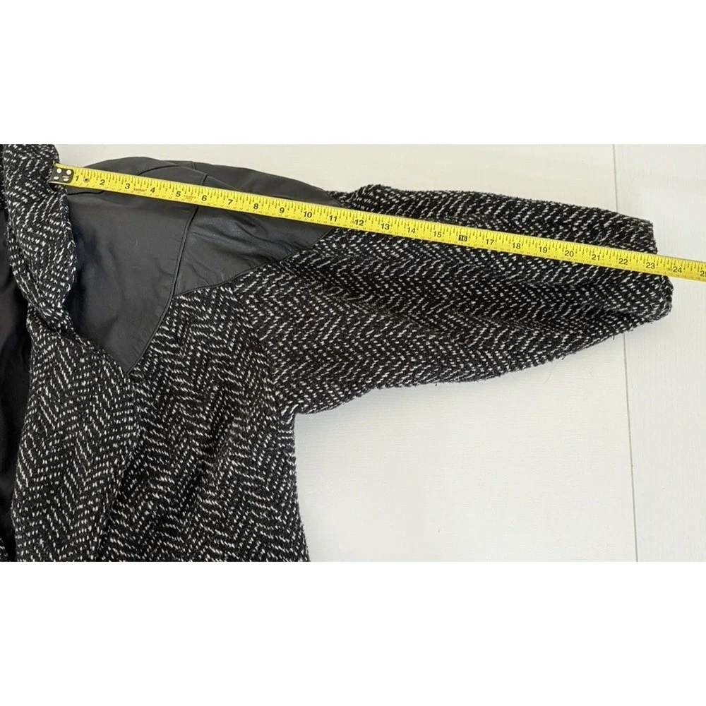 Vintage 80s Herringbone Tweed Wool Coat Leather Trim‎ Working Girl Blazer 9-10